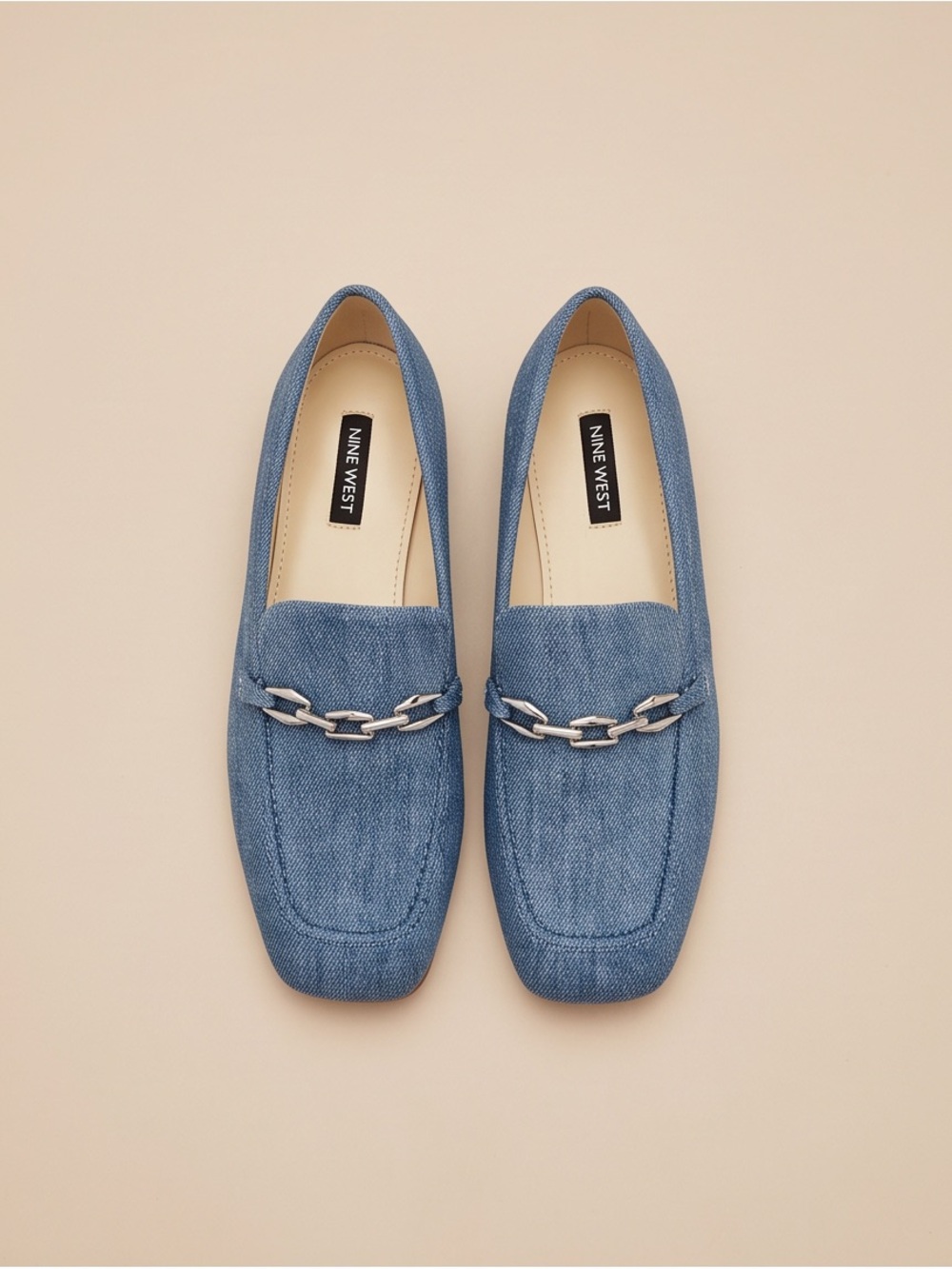 Nine West Blue Denim Loafers Silver Chain Bit Flats Size 6.5M